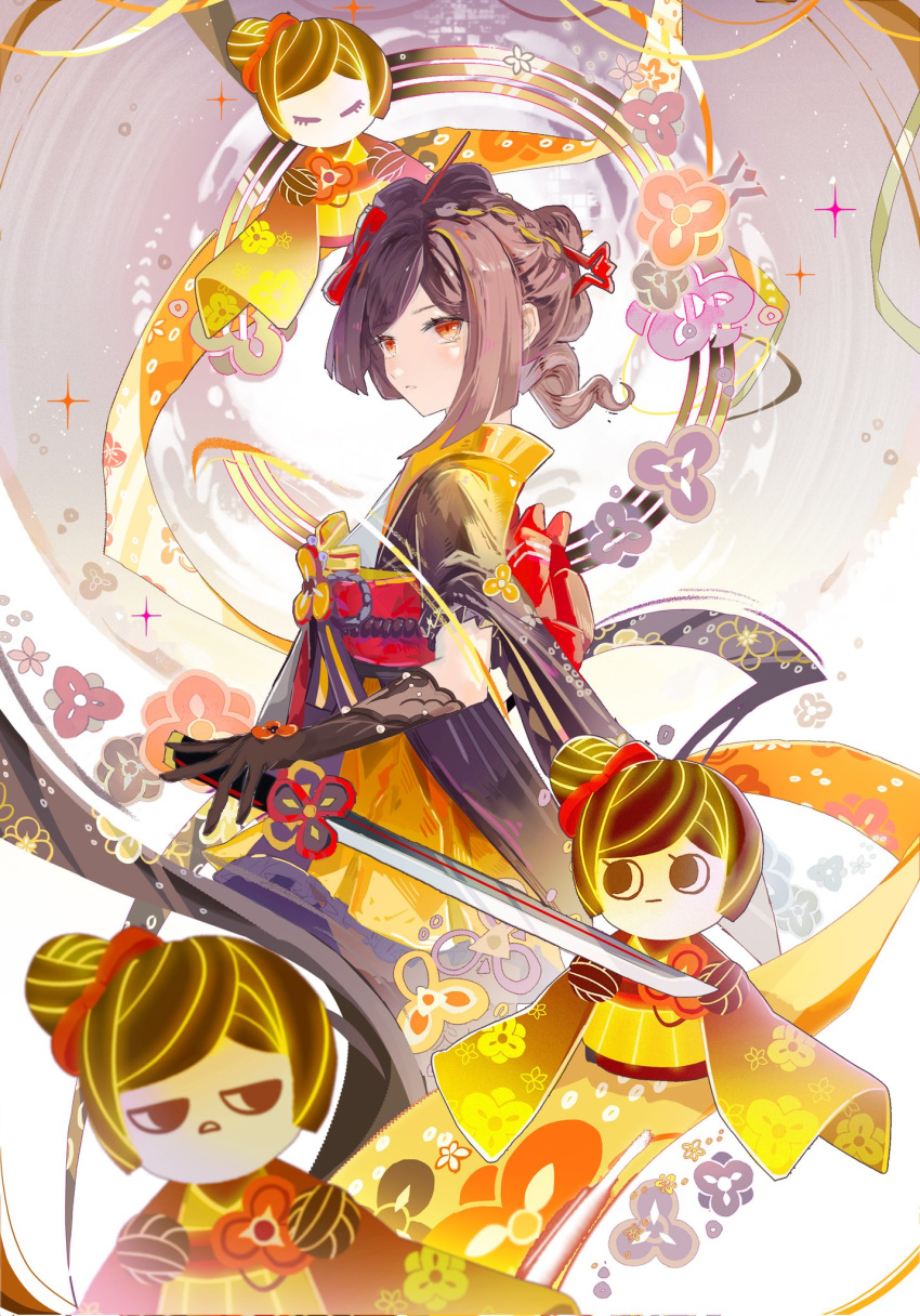 1girl black_gloves brown_hair chiori_(genshin_impact) feet_out_of_frame from_side genshin_impact gloves hair_ornament hair_stick highres holding holding_sword holding_weapon japanese_clothes kimono magic red_eyes solo standing sword u37777123 wakizashi weapon yellow_kimono