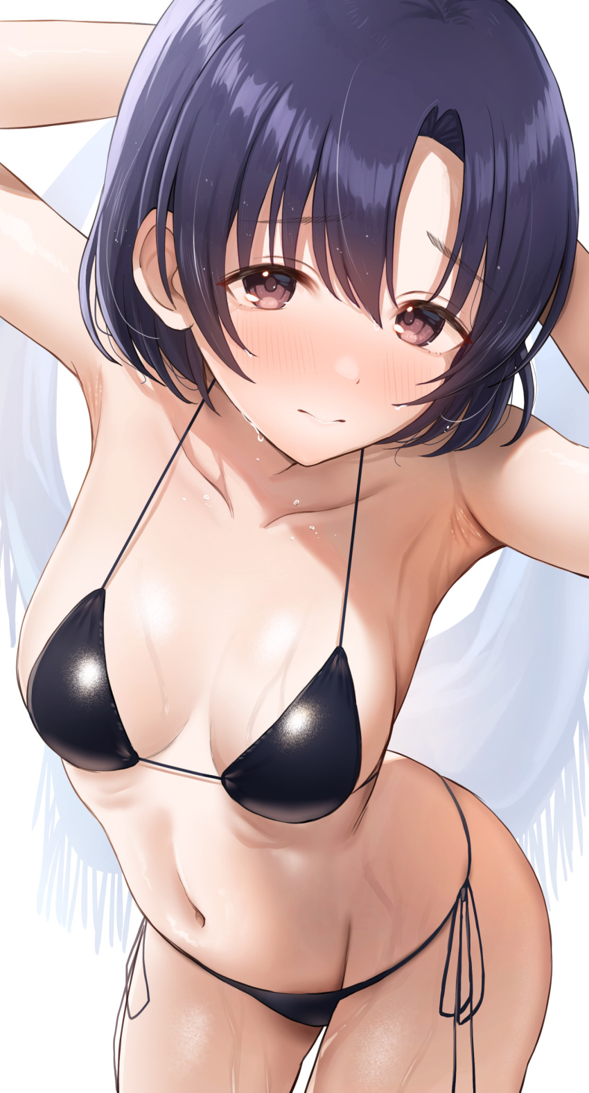 1girl absurdres arms_behind_head arms_up bare_shoulders bikini black_bikini black_hair blush breasts brown_eyes closed_mouth collarbone commentary_request highres idolmaster idolmaster_cinderella_girls looking_at_viewer medium_breasts nose_blush parted_bangs ray_mil68 shiragiku_hotaru short_hair side-tie_bikini_bottom simple_background solo stomach swimsuit wet wet_face wet_hair white_background