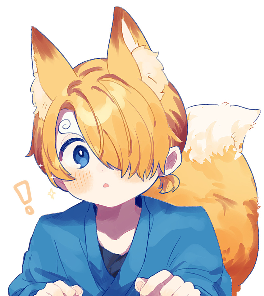 ! 1boy :&lt; animal_ear_fluff animal_ears blonde_hair blue_eyes blue_kimono blush commentary cropped_torso curious curly_eyebrows fluffy fox_boy fox_ears fox_tail hair_over_one_eye hands_up highres japanese_clothes kimono long_bangs male_focus natori_(natori_10) one_piece open_mouth sanji_(one_piece) short_hair short_ponytail simple_background tail white_background