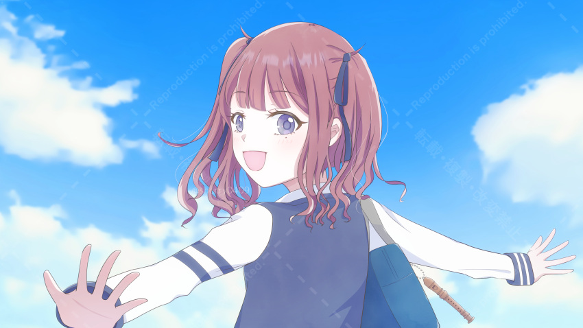 1girl backpack bag blush brown_hair commentary_request grey_eyes happy highres looking_at_viewer natsuki_karin open_mouth outdoors sherryxpix sky solo synthesizer_v tagme twintails watermark