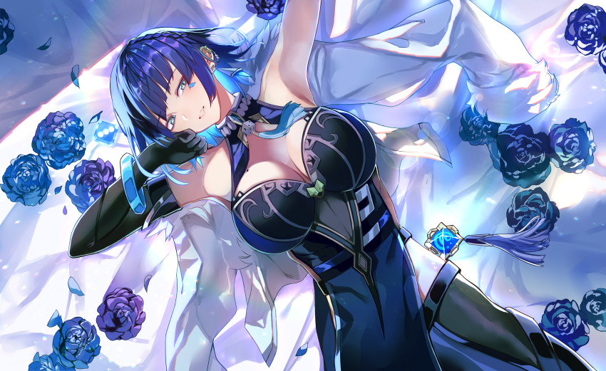 1girl absurdres armpits asymmetrical_gloves bare_shoulders bead_choker black_hair blue_flower blue_hair bob_cut breasts cleavage commentary_request diagonal_bangs dice elbow_gloves feather-trimmed_jacket feather_collar flower genshin_impact gloves green_eyes highres large_breasts looking_at_viewer lying mismatched_gloves mole mole_on_breast multicolored_hair neck_tassel sas_(ls08b) short_hair single_elbow_glove smile solo tassel_choker waist_cutout yelan_(genshin_impact)