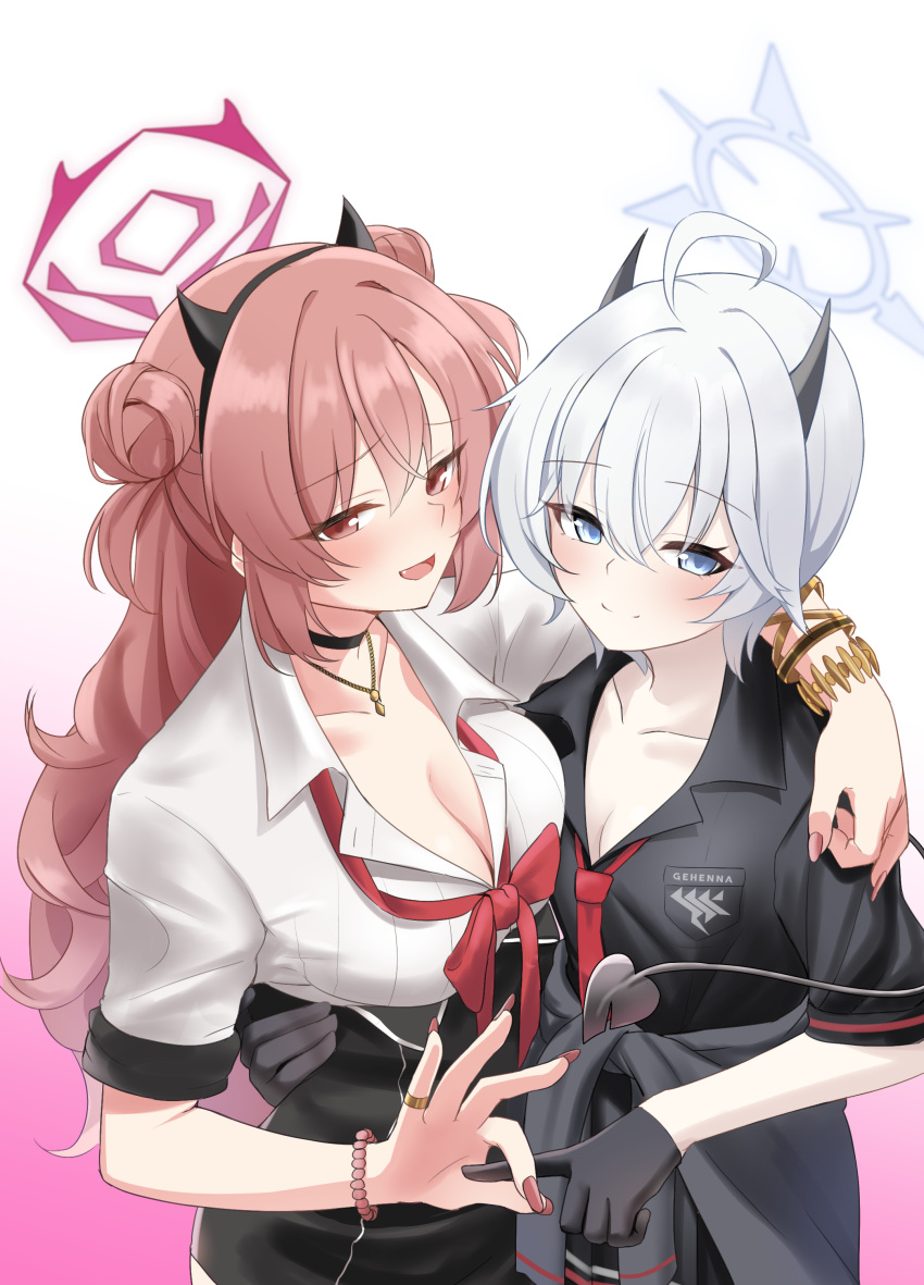 2girls absurdres asymmetrical_docking black_choker black_gloves black_horns blue_archive blush bow bowtie breast_press breasts choker cleavage demon_horns double_bun erika_(blue_archive) fake_nails fang flame_tsukushi gloves gradient_background grey_halo gyaru hair_bun halo hand_gesture highres horns kirara_(blue_archive) large_breasts long_hair looking_at_viewer loose_bowtie loose_neck_ribbon multiple_girls necktie ok_sign open_collar open_mouth penetration_gesture pink_hair red_halo red_nails red_necktie sexually_suggestive small_breasts smile upper_body