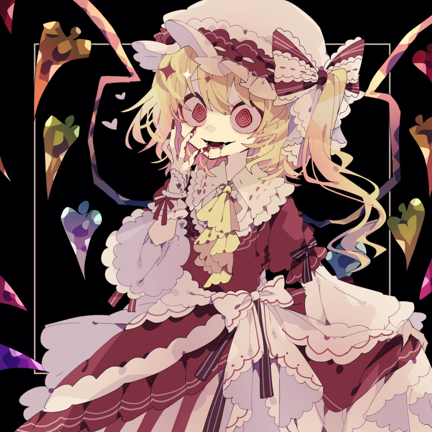 1girl @_@ alternate_hair_length alternate_hairstyle ascot back_bow black_background blonde_hair blood blood_on_clothes blood_on_face blood_on_hands bow brown_bow collared_dress colored_inner_hair commentary_request crazy crazy_smile crystal dress dress_bow fang fangs fingernails flandre_scarlet hair_between_eyes hand_up hat hat_bow heart highres long_fingernails long_hair long_sleeves looking_at_viewer mob_cap multicolored_hair multicolored_wings nail_polish nikorashi-ka open_mouth pink_hair ponytail red_bow red_dress red_eyes red_nails red_ribbon ribbon side_ponytail simple_background smile solo sparkle standing striped_bow teeth tongue touhou two-tone_bow two-tone_dress white_bow white_dress white_headwear wide_sleeves wings wrist_cuffs yellow_ascot