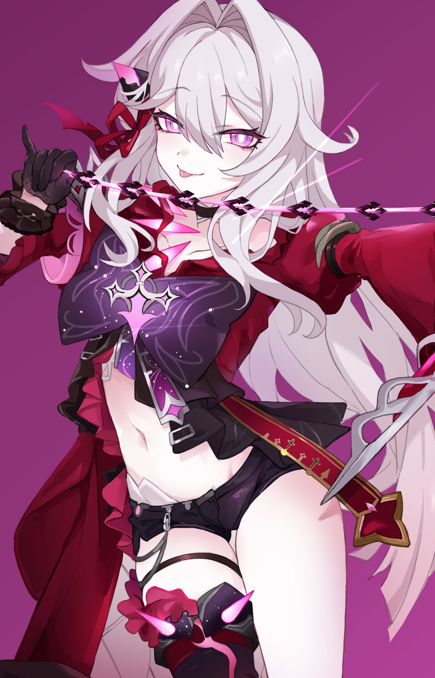 1girl absurdres awe_(adorableduckyy) bare_legs belly black_choker black_gloves black_shorts bright_pupils choker cross gloves highres holding holding_weapon honkai_(series) honkai_impact_3rd jacket long_hair long_sleeves looking_at_viewer naughty_face navel purple_background purple_eyes purple_ribbon red_jacket red_ribbon ribbon ribbon_hair_ornament shorts simple_background smile solo solo_focus thelema_(honkai_impact) tongue tongue_out upper_body weapon whip_sword white_hair white_pupils