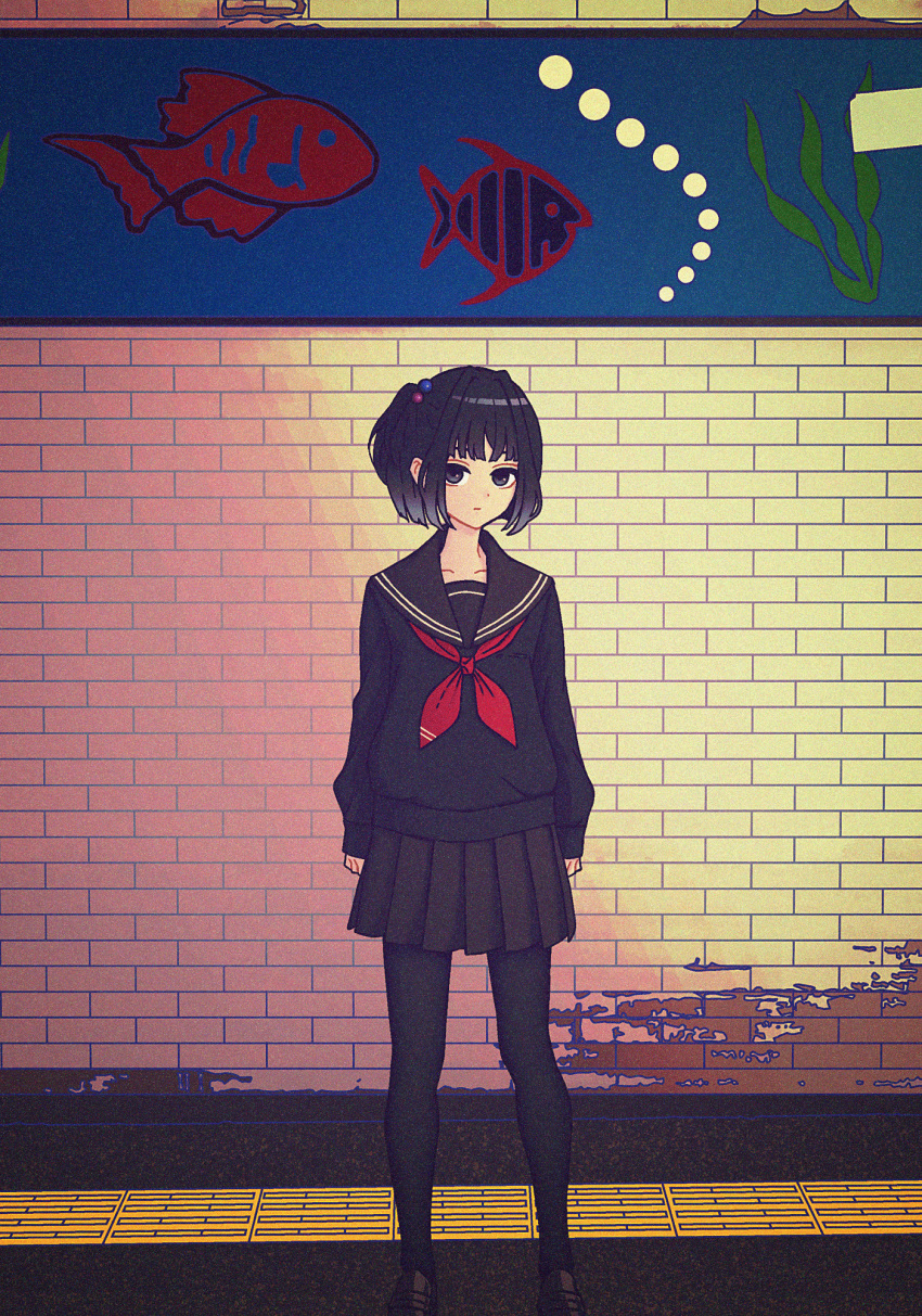 1girl :| amemori_sayo arms_at_sides black_eyes black_footwear black_hair black_pantyhose black_sailor_collar black_serafuku black_shirt black_skirt brick_wall closed_mouth collarbone dot_nose expressionless fish full_body highres loafers long_bangs long_sleeves looking_at_viewer miniskirt mural neckerchief nijisanji nkymyura pantyhose pleated_skirt red_neckerchief sailor_collar school_uniform seaweed serafuku shirt shoes short_hair sidelocks skirt sleeves_past_wrists solo tactile_paving virtual_youtuber