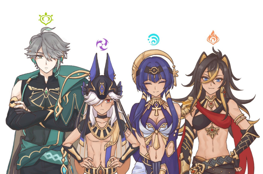 2boys 2girls ^_^ ahoge alhaitham_(genshin_impact) animal_ears animal_hat ankh armlet bare_shoulders belt black_belt black_choker black_gloves black_hairband black_headwear black_ribbon black_shirt blue_eyes blue_hair blue_sleeves blush breasts brown_belt brown_hair cable candace_(genshin_impact) cape chest_jewel choker cleavage closed_eyes closed_mouth collarbone commentary_request compression_shirt crescent criss-cross_halter crop_top crossed_arms crossed_bangs crossed_belts cyno_(genshin_impact) dangle_earrings dark-skinned_female dark-skinned_male dark_blue_hair dark_skin dehya_(genshin_impact) dendro_symbol_(genshin_impact) detached_sleeves earrings egyptian_clothes elbow_gloves electro_symbol_(genshin_impact) expressionless eye_of_horus eyelashes eyeshadow fake_animal_ears fingerless_gloves frown gem genshin_impact gloves gold_choker gold_trim green_cape green_eyes green_gemstone green_hair grey_hair hair_ears hair_intakes hair_over_one_eye hairband halterneck hand_on_own_hip hands_on_own_hips hat hat_ribbon headphones hydro_symbol_(genshin_impact) jackal_ears jewelry korean_commentary long_hair long_sleeves looking_at_viewer makeup medium_breasts midriff multicolored_hair multiple_boys multiple_girls navel one_eye_covered parted_bangs partially_fingerless_gloves pyro_symbol_(genshin_impact) red_eyes resso_(resso_oo) ribbon shirt short_hair short_hair_with_long_locks short_sleeves simple_background single_detached_sleeve single_earring sleeveless sleeveless_shirt smile smirk standing stomach streaked_hair swept_bangs usekh_collar white_background white_hair wide_sleeves