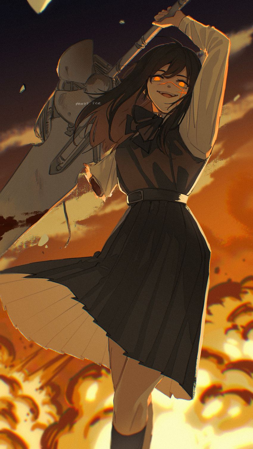 1girl absurdres chainsaw_man demon_girl explosion fourth_east_high_school_uniform glowing glowing_eyes highres holding holding_sword holding_weapon ice_morinaka long_skirt long_sleeves looking_at_viewer missing_limb orange_eyes ringed_eyes scar scar_on_face school_uniform skirt solo sword weapon yoru_(chainsaw_man)