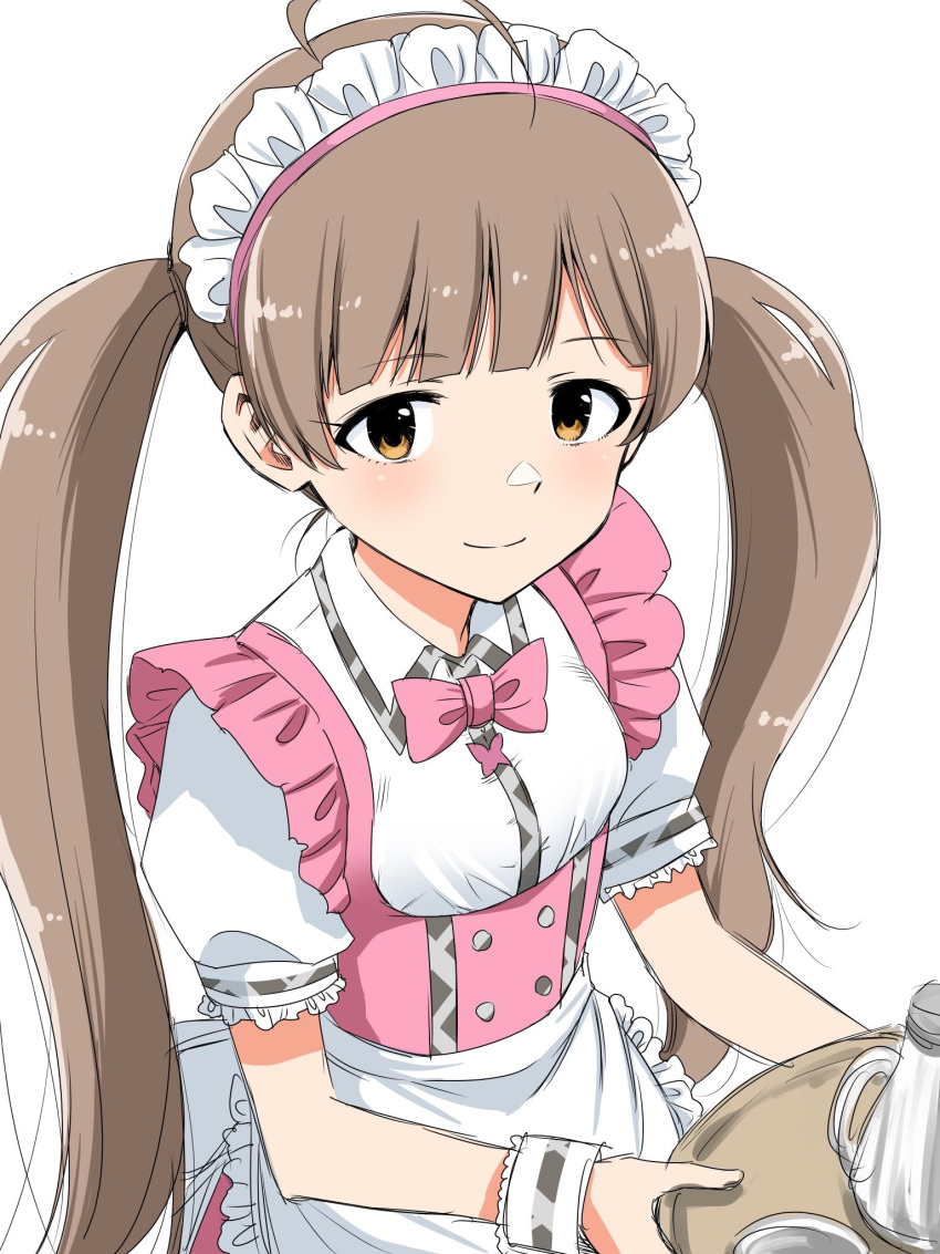 1girl ahoge apron blunt_bangs blush bottle bow bowtie brown_hair butterfly_ornament closed_mouth collar dot_nose dress eyelashes from_above hakozaki_serika highres holding holding_plate idolmaster idolmaster_million_live! idolmaster_million_live!_theater_days lace-trimmed_apron lace-trimmed_sleeves lace_trim light_smile long_hair looking_at_viewer matcha_kingyo orange_eyes parted_bangs pink_bow pink_bowtie pink_dress pink_ribbon plate pretty_waitress_(idolmaster) puffy_short_sleeves puffy_sleeves ribbon short_sleeves sidelocks simple_background solo standing twintails upper_body very_long_hair waist_apron waist_bow waitress white_apron white_background white_collar white_headdress white_wrist_cuffs wrist_cuffs