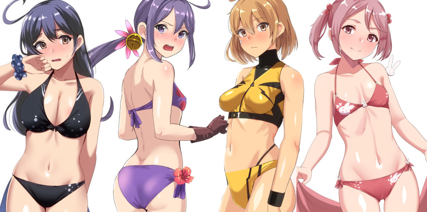 4girls ahoge akebono_(kancolle) akebono_kai_ni_(kancolle) alternate_costume animal_print ass bandaid bandaid_on_face bell bikini black_bikini black_hair blush breasts brown_eyes brown_gloves brown_hair chirashi_(so) cleavage cowboy_shot flower gloves hair_bell hair_between_eyes hair_flower hair_ornament highres jingle_bell kantai_collection large_breasts long_hair multiple_girls navel oboro_(kancolle) pink_hair purple_bikini purple_eyes purple_hair rabbit rabbit_print red_bikini red_eyes red_towel sazanami_(kancolle) short_hair side-tie_bikini_bottom side_ponytail simple_background small_breasts smile standing stomach swimsuit tankini twintails ushio_(kancolle) white_background yellow_bikini