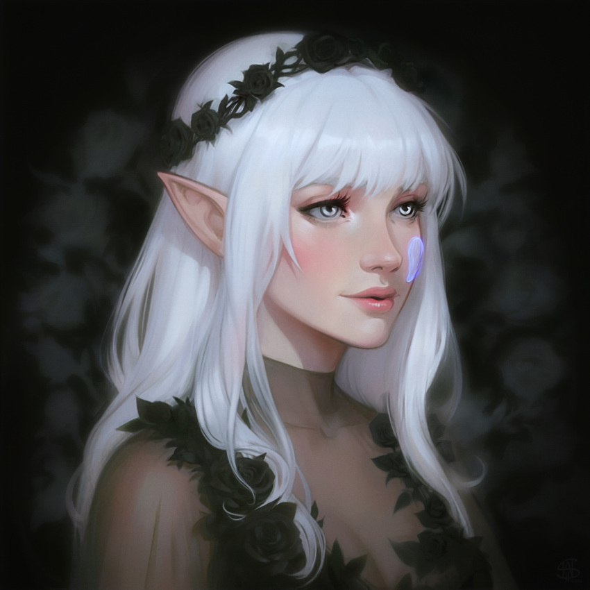 1girl absurdres black_flower black_rose breasts cleavage commission crown daria_shilo dress elf flower grey_eyes highres long_hair pointy_ears portrait rose see-through see-through_dress silvenia_ettertree smile solo the_wandering_inn white_hair