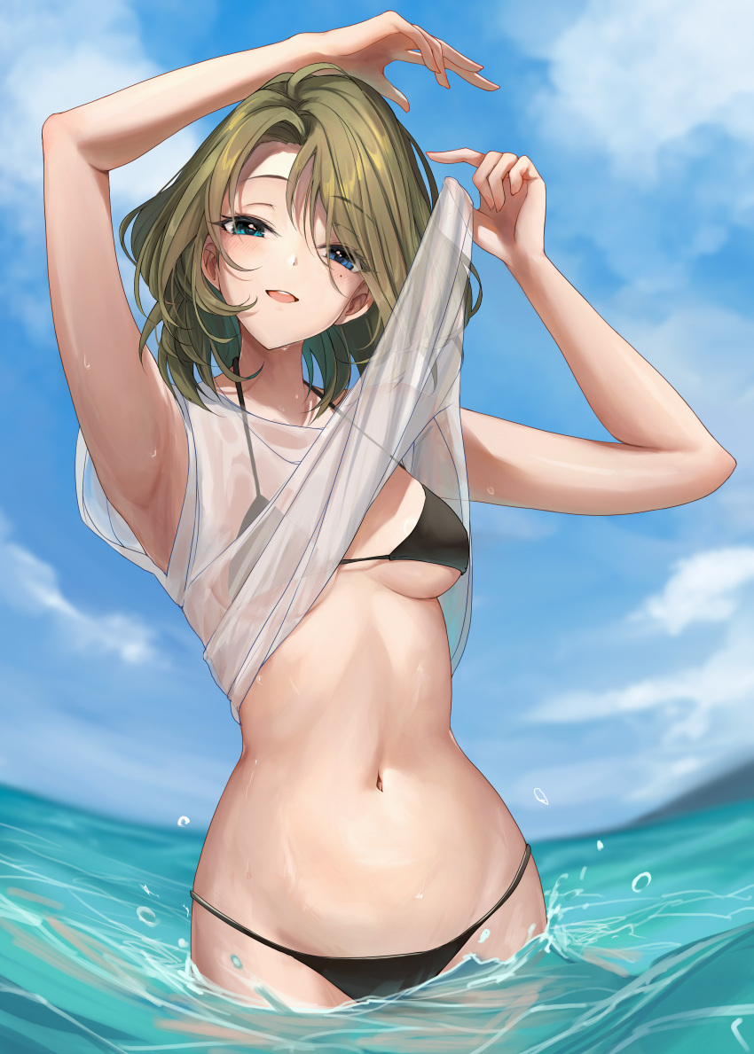 1girl absurdres armpits arms_up bikini black_bikini blue_eyes blue_sky blush breasts clothes_lift green_eyes green_hair heterochromia highres idolmaster idolmaster_cinderella_girls lifted_by_self looking_at_viewer medium_breasts mole mole_under_eye navel nyome991 ocean open_mouth outdoors refraction shirt shirt_lift short_hair sky smile solo stomach string_bikini swimsuit takagaki_kaede wading white_shirt