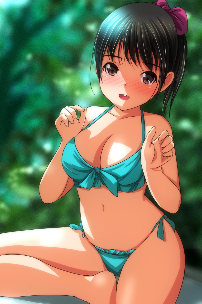 1girl absurdres aqua_bikini bikini black_hair blurry blurry_background blush breasts brown_eyes cleavage collarbone hair_ribbon highres looking_at_viewer matsunaga_kouyou medium_breasts navel open_mouth original outdoors ribbon sidelocks smile solo standing standing_on_one_leg swimsuit teeth upper_teeth_only