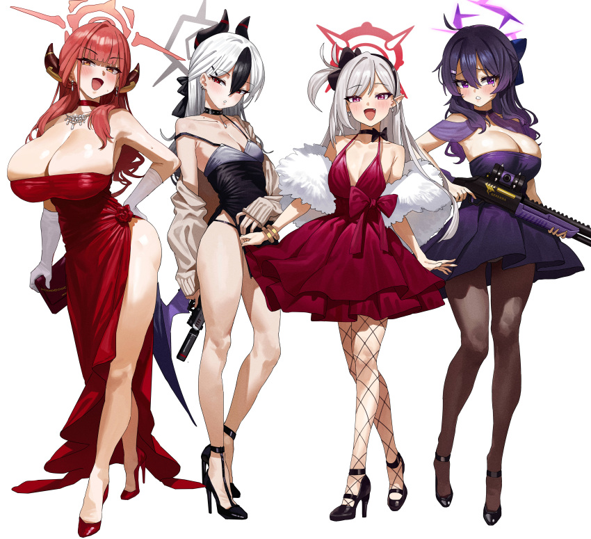 1girl 4girls :d absurdres aru_(blue_archive) aru_(dress)_(blue_archive) bare_shoulders black_choker black_dress black_footwear black_hair black_hairband black_halo black_horns blue_archive blue_bow blunt_bangs blush bow bracelet breasts brown_eyes brown_gloves brown_pantyhose choker cleavage collarbone dated dress earrings fang feipin_zhanshi full_body gloves gradient_hair grey_hair gun hair_bow hairband halo haruka_(blue_archive) haruka_(dress)_(blue_archive) high_heels highres holding holding_gun holding_weapon horns huge_breasts jewelry kayoko_(blue_archive) kayoko_(dress)_(blue_archive) large_breasts long_hair long_sleeves looking_at_viewer medium_breasts medium_hair multicolored_hair multiple_girls mutsuki_(blue_archive) mutsuki_(dress)_(blue_archive) necklace off_shoulder official_alternate_costume one_side_up open_mouth pantyhose parted_lips problem_solver_68_(blue_archive) purple_dress purple_eyes purple_hair purple_halo red_choker red_dress red_footwear red_hair red_halo shoes shotgun simple_background sleeveless sleeveless_dress small_breasts smile solo standing thighs weapon white_background white_gloves white_hair