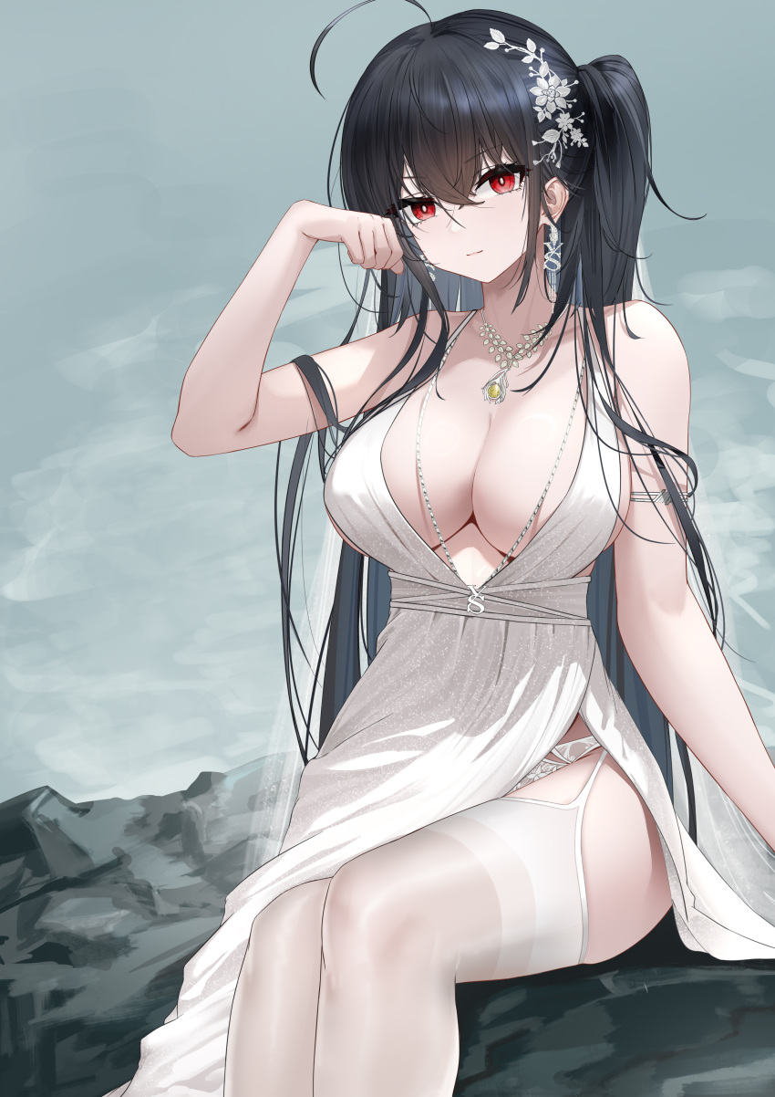1girl absurdres ahoge arm_strap azur_lane backless_dress backless_outfit bare_shoulders black_hair breasts center_opening cleavage cocktail_dress dress earrings evening_gown feet_out_of_frame garter_straps hair_between_eyes hair_ornament highres jewelry large_breasts lilin_(pixiv_25958194) long_hair looking_at_viewer official_alternate_costume panties pantyshot plunging_neckline red_eyes rock satin_dress see-through see-through_dress sitting sitting_on_rock sleeveless sleeveless_dress solo taihou_(azur_lane) taihou_(temptation_on_the_sea_breeze)_(azur_lane) thighhighs underwear very_long_hair white_dress white_garter_straps white_panties white_thighhighs yellow_gemstone