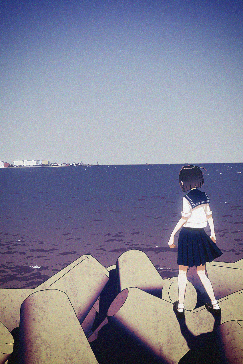 1girl amemori_sayo arms_at_sides bare_legs black_footwear black_hair blue_sailor_collar blue_skirt blue_sky clear_sky facing_ahead from_behind highres horizon landscape miniskirt nijisanji nkymyura ocean pleated_skirt sailor_collar scenery school_uniform serafuku shirt shoes short_hair short_sleeves skirt sky socks solo standing tetrapod virtual_youtuber water white_shirt white_socks wide_shot