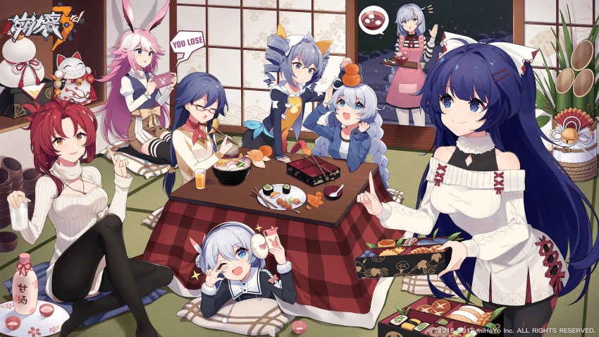 6+girls ahoge alcohol animal_ears apron bangs bare_shoulders black_legwear blue_eyes blue_hair blush bottle bow braid breasts bronya_zaychik casual chopsticks cici cleavage cleavage_cutout closed_mouth cup dango dress drill_hair earmuffs eyebrows_visible_through_hair food fox_ears fruit fu_hua_(honkai_impact) fur_trim grin hair_between_eyes hair_bow hair_ornament hairband hand_up happy_new_year highres holding holding_chopsticks holding_cup holding_handheld_game_console holding_tray honkai_(series) honkai_impact_3 index_finger_raised jacket jewelry kallen_kaslana kiana_kaslana kotatsu large_breasts logo long_hair looking_at_viewer mandarin_orange maneki-neko medium_breasts multiple_girls murata_himeko necklace new_year open_mouth pantyhose parted_lips pink_hair plate playing_games ponytail raiden_mei ribbed_sweater sake_bottle saucer seiza shirt side_braid sidelocks silver_hair sitting small_breasts smile spoken_food sushi sweater sweater_dress table tatami theresa_apocalypse tray turtleneck twin_braids twin_drills very_long_hair wagashi watermark white_legwear yae_sakura_(honkai_impact)