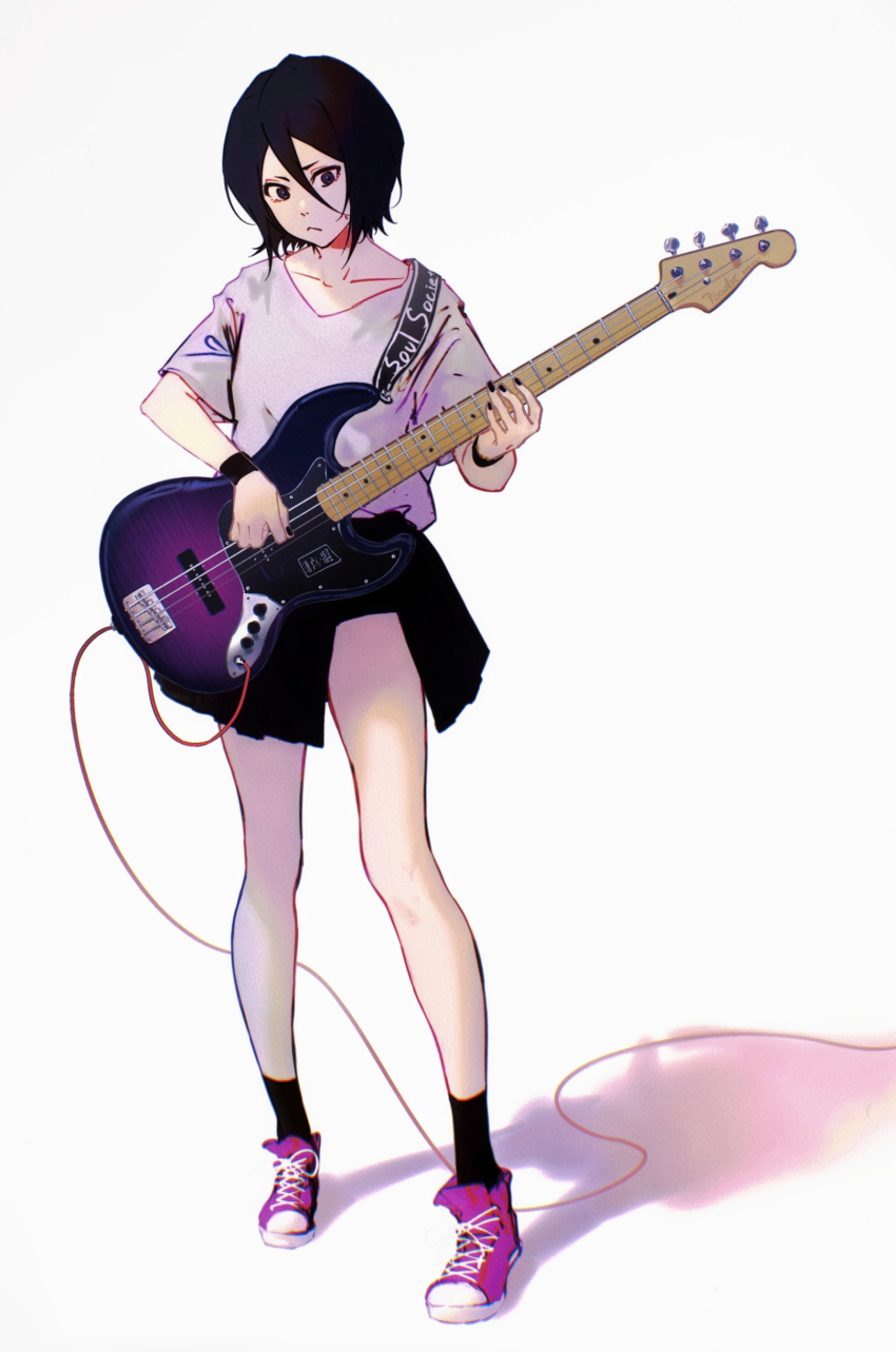 1girl :&lt; absurdres bass_guitar black_eyes black_hair black_shorts black_skirt black_socks bleach breasts cable closed_mouth collarbone full_body hair_between_eyes high_tops highres holding holding_instrument ihsekodwww instrument kuchiki_rukia long_bangs loose_hair_strand music playing_instrument pleated_skirt purple_footwear shadow shirt shoes short_hair short_shorts shorts shorts_under_skirt side_slit simple_background skirt small_breasts sneakers socks solo standing strap t-shirt white_background white_shirt