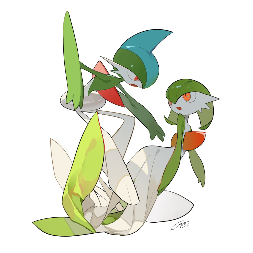 arm_blade bob_cut colored_skin dress from_side gallade gardevoir green_hair highres multicolored_skin open_mouth pink_eyes pokemon pokemon_(creature) simple_background smile two-tone_skin two_pokemon weapon white_background white_dress white_skin