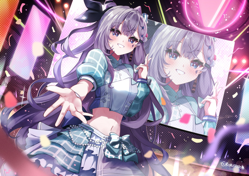 1girl absurdres asymmetrical_sleeves blue_eyes bow cone_hair_bun confetti green_bow grey_hair hair_bun highres hololive hololive_idol_uniform_(bright) hololive_indonesia long_hair midriff navel reaching reaching_towards_viewer rokusketch skirt smile stage_lights twitter_username vestia_zeta virtual_youtuber