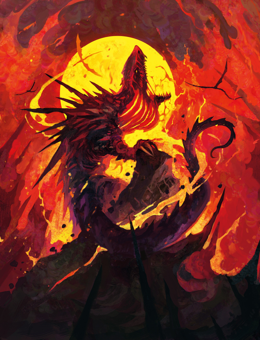 absurdres animal_focus burning claws commentary dominik_mayer dragon english_commentary fire from_side full_body highres magic:_the_gathering monster no_humans official_art on_rock open_mouth outdoors rock sharp_teeth solo spikes spitfire_lagac sun tail teeth