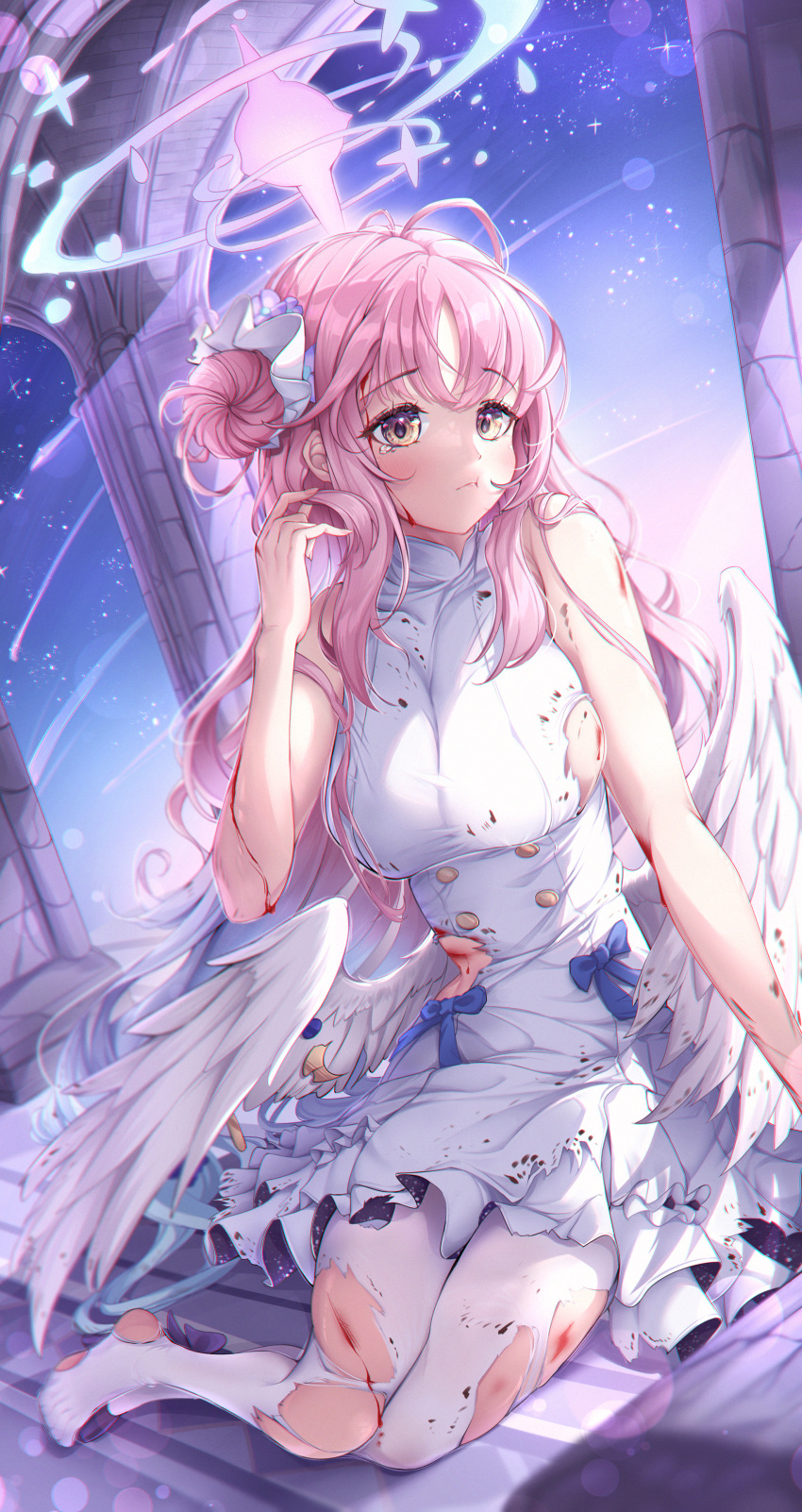 1girl absurdres angel_wings blue_archive blush breasts closed_mouth dress feathered_wings flower hair_bun hair_flower hair_ornament halo highres injury large_breasts long_hair mika_(blue_archive) norimori pantyhose pink_hair pink_halo purple_flower single_side_bun solo torn_clothes torn_pantyhose white_dress white_pantyhose white_wings wings yellow_eyes