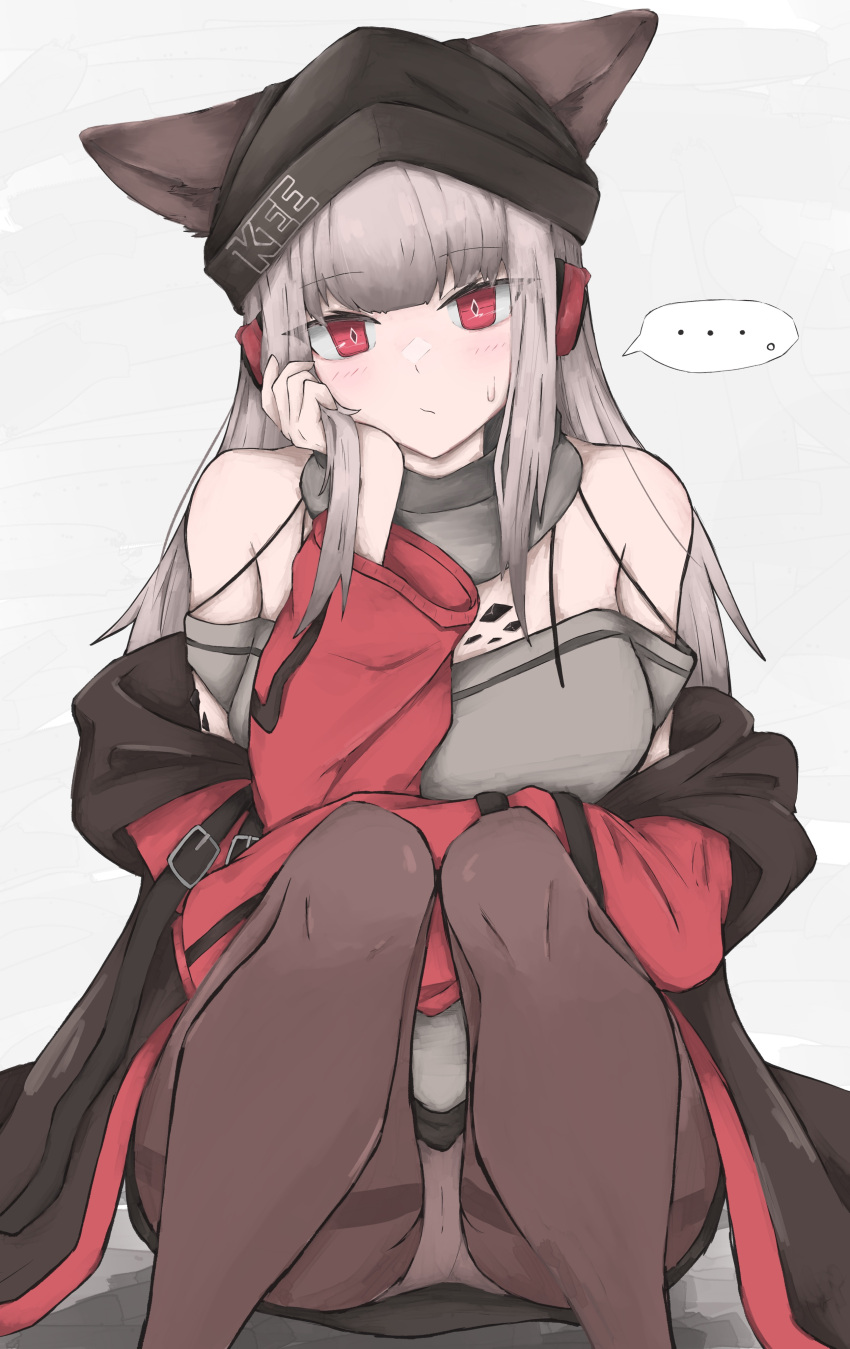 ... 1girl absurdres animal_ears arknights beanie blush brown_pantyhose coat commentary ears_through_headwear feet_out_of_frame fox_ears fox_girl frostleaf_(arknights) frown grey_background grey_hair grey_shirt hat head_rest headphones highres implied_extra_ears knees_up long_hair looking_at_viewer nyo_(fy_1) panties pantyhose pantyshot red_coat red_eyes shirt simple_background solo spoken_ellipsis underwear