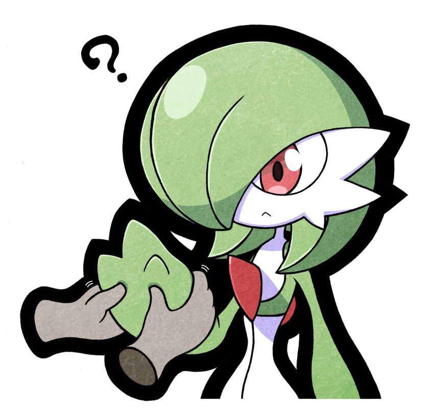 ? bob_cut colored_skin disembodied_limb envi55109095 gardevoir grabbing_another's_hand green_hair hair_over_one_eye highres multicolored_skin pink_eyes pokemon pokemon_(creature) serious simple_background two-tone_skin white_background white_skin