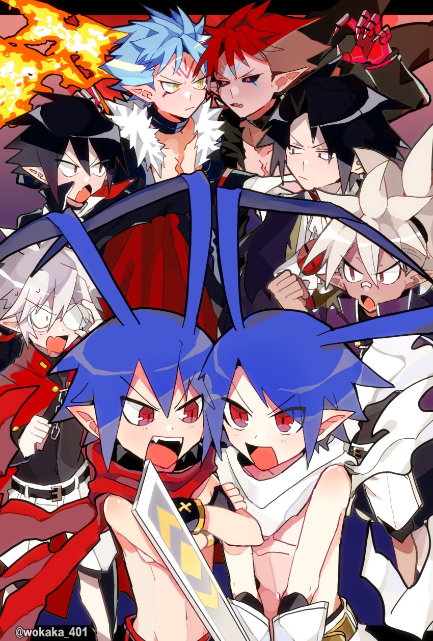 04011224ss 6+boys antennae demon_boy disgaea disgaea_rpg fingerless_gloves glasses gloves hair_between_eyes highres holding holding_sword holding_weapon laharl laharl_(thunderlord_laharl) male_focus mao_(disgaea) multiple_boys open_mouth red_eyes sword valvatorez_(disgaea) vampire weapon