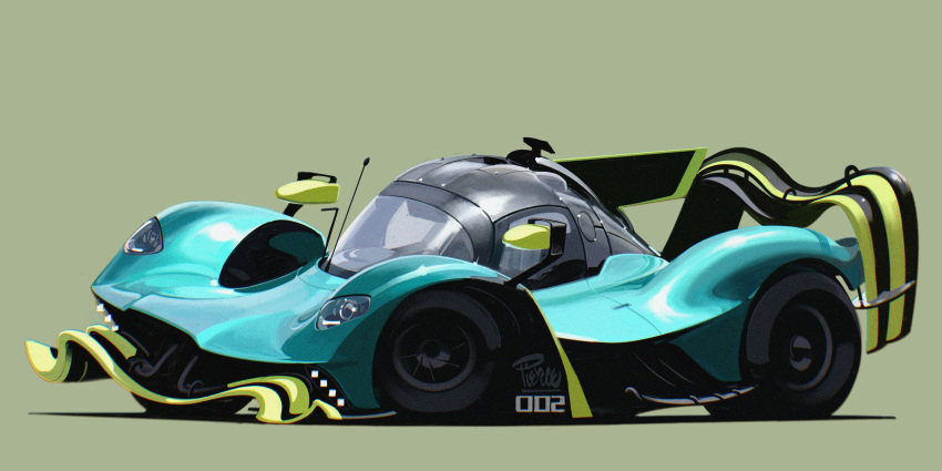 absurdres aston_martin aston_martin_valkyrie_amr_pro car english_commentary from_side green_background highres le_mans_prototype motor_vehicle no_humans original race_vehicle racecar radio_antenna shadow stitched vehicle_focus will_pierce