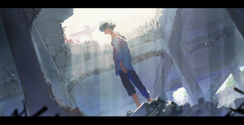 1boy black_hair black_pants black_tank_top commentary_request day from_behind from_side highres letterboxed light_rays male_focus neck_tattoo off_shoulder outdoors pants rubble ruins sano_manjirou shirt short_hair solo standing sunbeam sunlight tank_top tattoo tokyo_revengers white_shirt zbntime