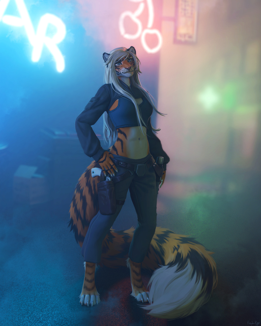 absurd_res alley anthro belly black_clothing blue_clothing blue_eyes blue_topwear claws claws_out clothed clothing crop_top cuffs_(clothing) dumpster felid female fluffy fluffy_tail fur fur_markings gun hair hand_on_hip hi_res holster holstered_pistol holstered_revolver kirena-kaya lights lightsaber looking_at_viewer mammal markings melee_weapon multicolored_body multicolored_fur neon_lights neon_sign pantherine pink_nose ranged_weapon science_fiction shirt sign smile smiling_at_viewer solo standing star_wars striped_body striped_fur stripes sukena tail tail_markings tiger topwear tuft two_tone_body two_tone_fur weapon white_belly white_body white_fur white_hair white_paws