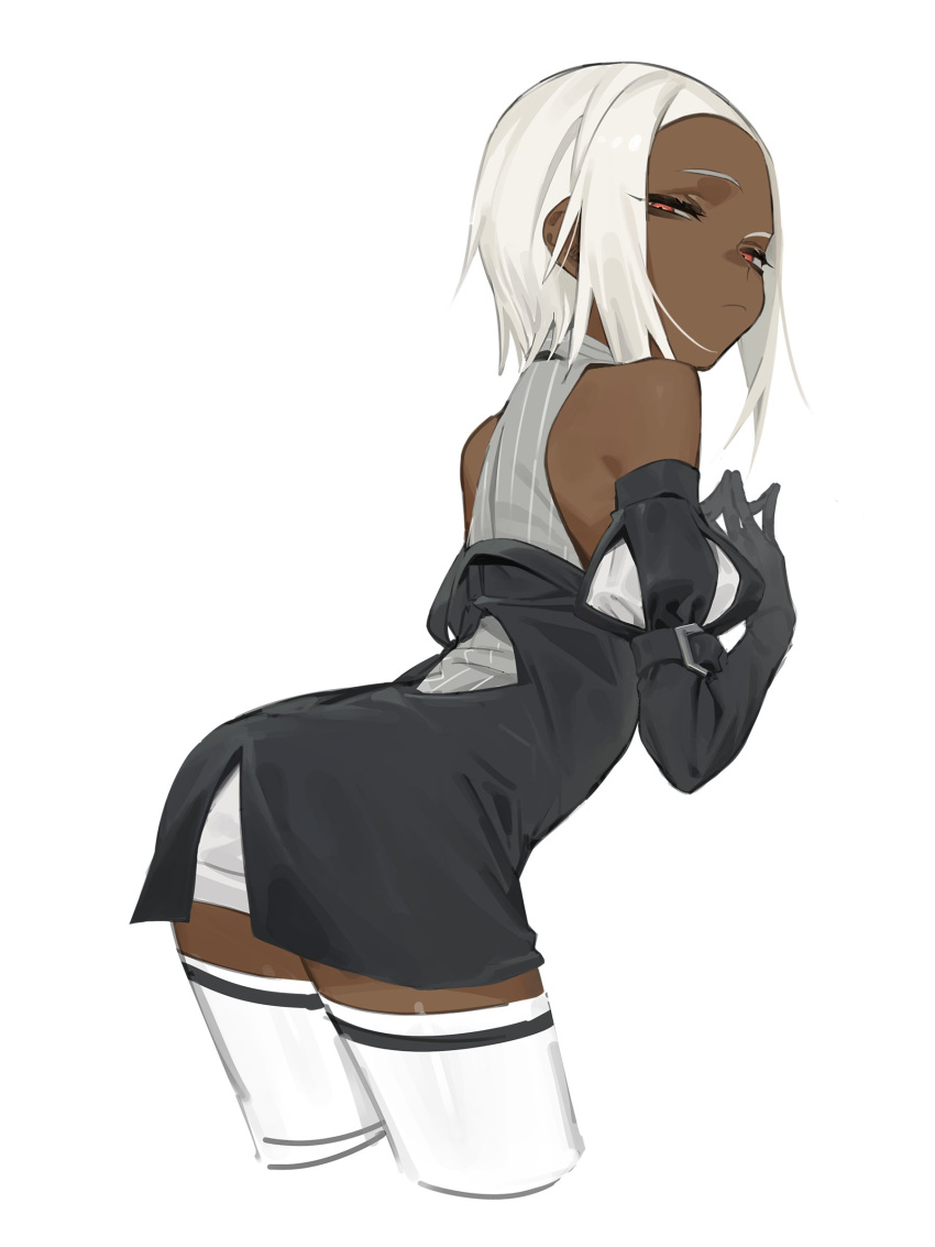 1girl absurdres amrkdrw ass bare_shoulders black_dress black_gloves breasts closed_mouth cropped_legs dark-skinned_female dark_skin dress elbow_gloves gloves half-closed_eyes highres leaning_forward looking_at_viewer original own_hands_together parted_bangs red_eyes short_hair simple_background solo thighhighs white_background white_hair white_thighhighs