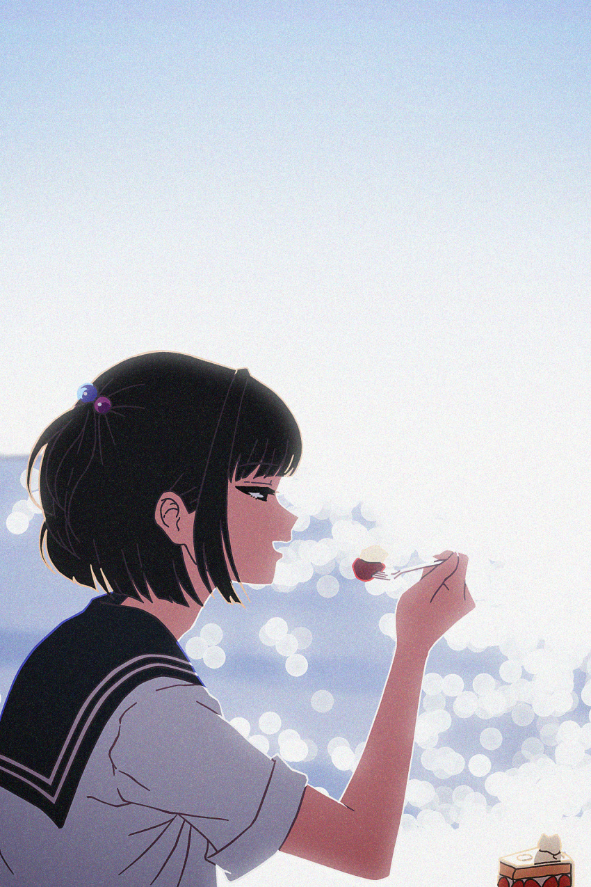 1girl :d amemori_sayo black_eyes black_hair black_sailor_collar blue_sky blurry bokeh cake clear_sky day depth_of_field eating food fork from_side fruit highres holding holding_fork horizon long_bangs nijisanji nkymyura ocean open_mouth outdoors profile sailor_collar shirt short_hair short_sleeves sidelocks sky smile solo strawberry strawberry_shortcake virtual_youtuber white_shirt