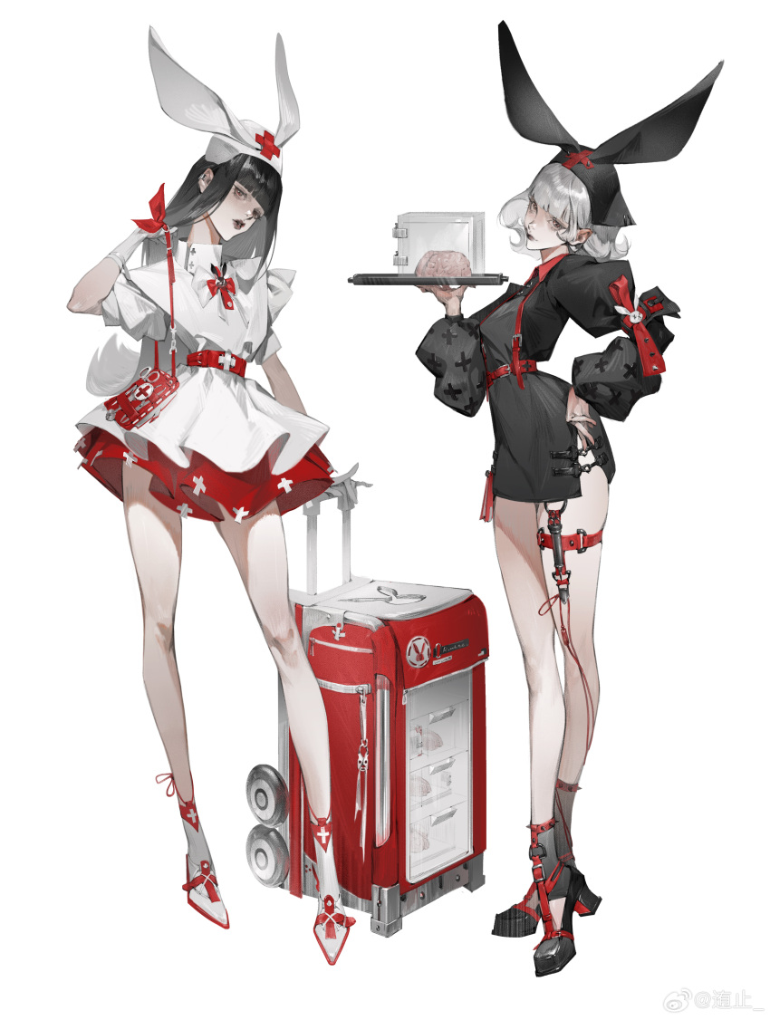 2girls absurdres animal_ears bare_legs belt black_dress black_footwear black_hair blunt_bangs bow brain chinese_commentary collared_dress dress earrings fake_animal_ears food full_body gloves grey_eyes grey_hair hand_on_own_hip hat head_tilt high_heels highres holding jewelry knife long_hair long_sleeves looking_at_viewer multiple_girls nurse nurse_cap original piercing plate puffy_short_sleeves puffy_sleeves rabbit_ears red_belt red_bow red_ribbon ribbon rolling_suitcase short_dress short_hair short_sleeves simple_background skirt socks standing suitcase thigh_strap weibo_logo weibo_username white_background white_dress white_footwear white_gloves white_hair white_socks youzhi