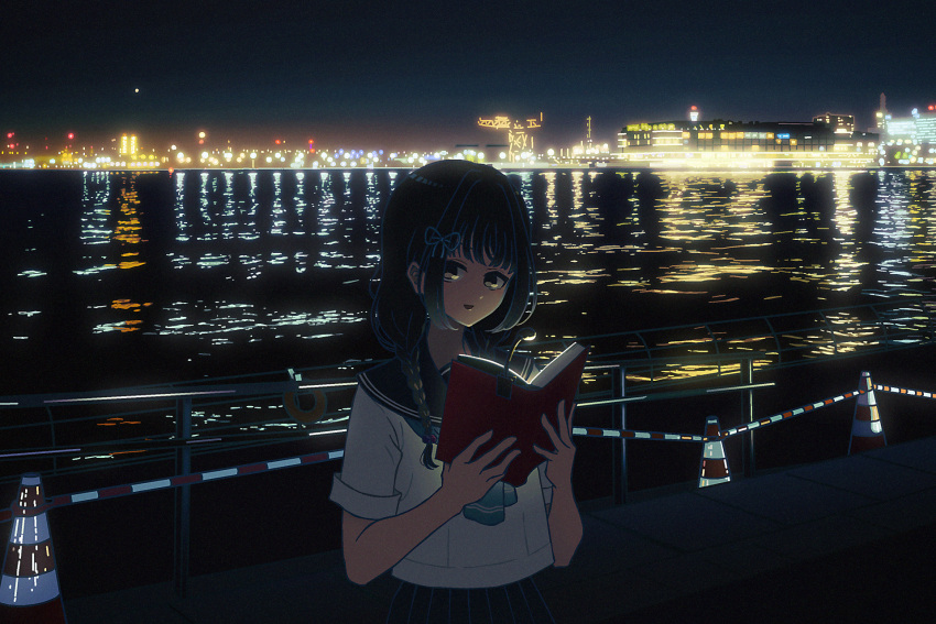 1girl :d amemori_sayo black_hair black_sailor_collar black_skirt blue_neckerchief blue_ribbon book braid building cowboy_shot crane_(machine) hair_ribbon highres holding holding_book long_hair looking_at_viewer low_twin_braids neckerchief night nijisanji nkymyura open_book open_mouth outdoors pleated_skirt railing reflection reflective_water ribbon river sailor_collar shirt short_sleeves sidelocks skirt skyline smile solo traffic_cone twin_braids virtual_youtuber white_shirt