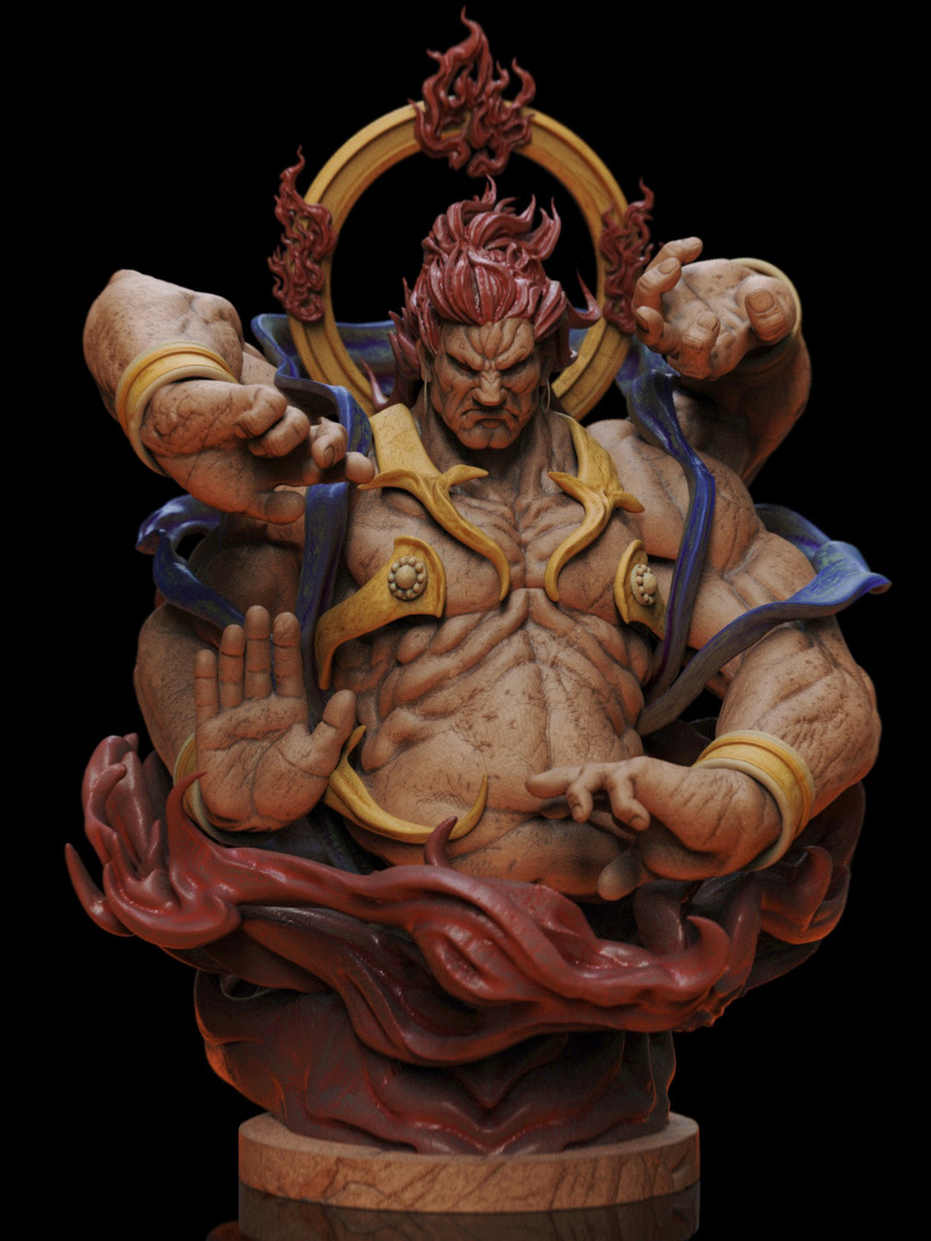 1boy 3d akuma_(street_fighter) cropped_torso extra_arms fiery_hair figure fire frown halo_behind_head highres hubai_(f_mandelbrot) large_hands looking_at_viewer male_focus muscular muscular_male pectorals photo_(medium) red_hair solo street_fighter wrinkled_skin