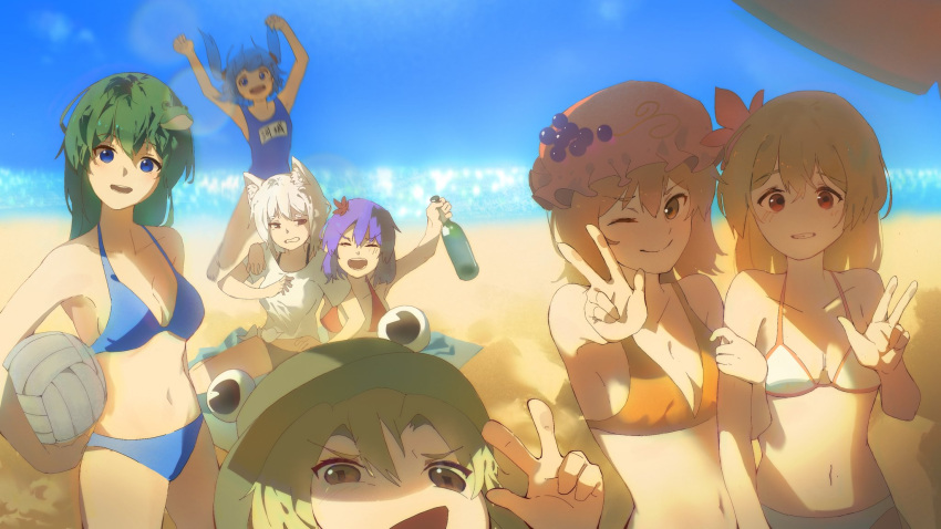 6+girls aki_minoriko aki_shizuha beach bikini blonde_hair blue_bikini blue_eyes blue_hair blue_one-piece_swimsuit blue_sky bottle breasts brown_eyes brown_headwear cleavage commentary_request food frog_hair_ornament fruit grapes green_hair hair_bobbles hair_ornament hat highres inubashiri_momiji kawashiro_nitori kinoko_(kino2435006) kochiya_sanae leaf_hair_ornament looking_at_viewer mob_cap moriya_suwako mountain_of_faith multiple_girls one-piece_swimsuit orange_bikini outdoors purple_hair red_eyes red_headwear shirt short_hair sky swimsuit touhou two_side_up w white_bikini white_hair white_shirt yasaka_kanako