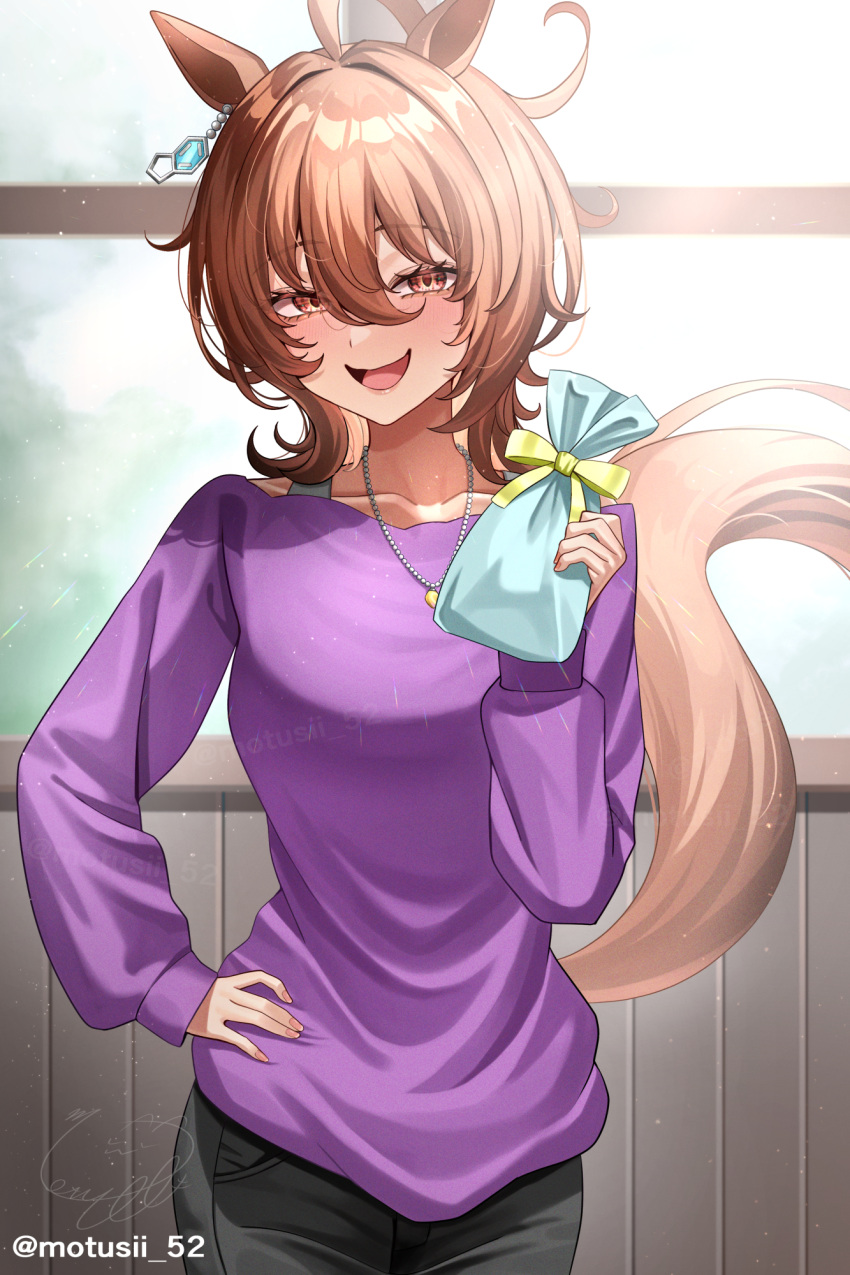 1girl agnes_tachyon_(umamusume) ahoge animal_ears artist_name black_pants blush brown_hair chemical_structure commentary_request cowboy_shot earrings gift hair_between_eyes hand_on_own_hip highres holding holding_gift horse_ears horse_girl horse_tail jewelry long_sleeves looking_at_viewer messy_hair motsushi necklace official_alternate_costume open_mouth pants purple_sweater red_eyes short_hair signature single_earring smile solo sweater tail twitter_username umamusume watermark white_day window