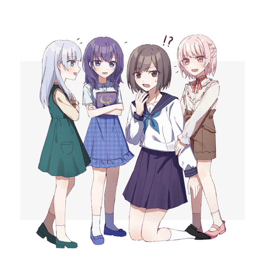 !? 1other 25-ji_nightcord_de._(project_sekai) 3girls absurdres aged_down akiyama_mizuki arm_at_side asahina_mafuyu black_sailor_collar black_skirt blue_eyes blue_neckerchief blue_shirt blue_skirt brown_eyes brown_hair brown_shirt brown_shorts collared_shirt crossed_arms dress green_dress grey_hair hand_up highres kneehighs miniskirt multiple_girls neck_ribbon neckerchief open_mouth pink_eyes pink_hair pleated_skirt project_sekai purin_234 purple_hair red_ribbon ribbon sailor_collar school_uniform serafuku shinonome_ena shirt shoes short_hair shorts simple_background skirt sleeveless sleeveless_dress socks swept_bangs time_paradox white_background white_shirt white_socks yoisaki_kanade