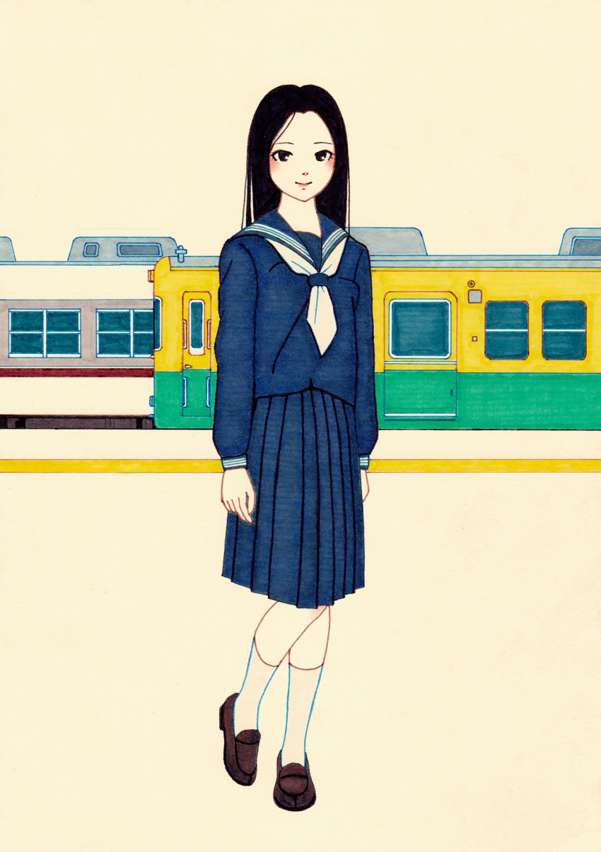 1girl absurdres black_hair blue_sailor_collar bow brown_footwear forehead full_body highres long_hair looking_at_viewer medium_skirt original parted_bangs pleated_skirt sailor sailor_collar school_uniform serafuku skirt smile socks straight-on survival_ibaru traditional_media train white_bow white_socks