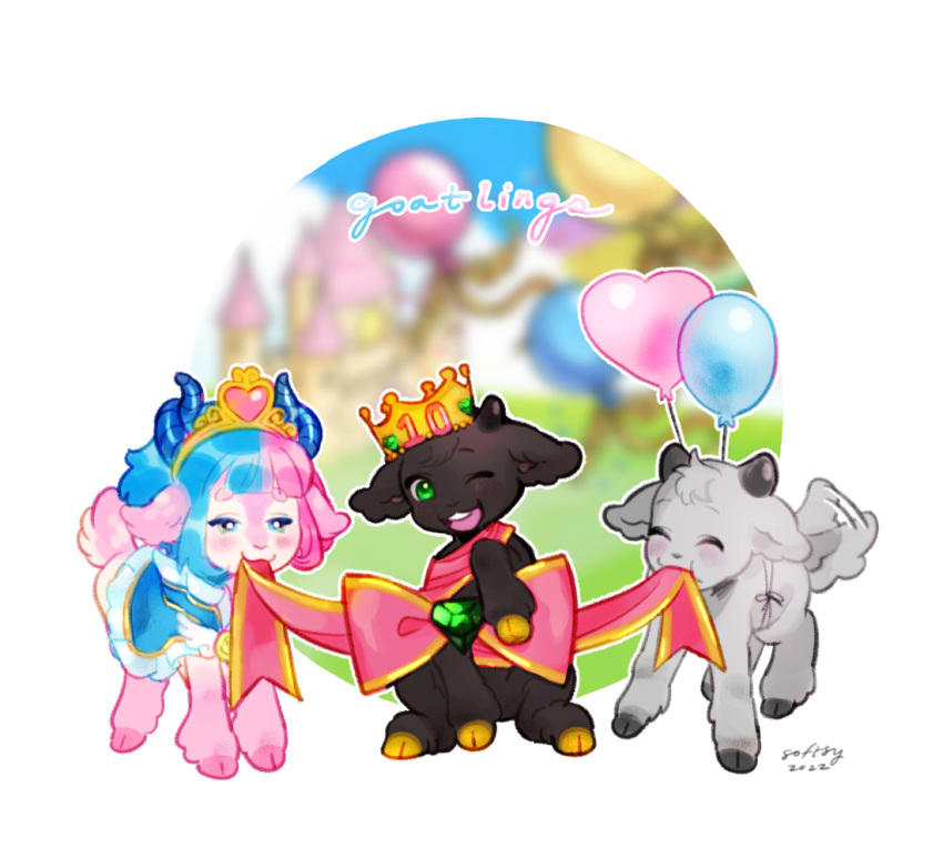 2022 2_horns ambiguous_gender balloon black_body black_fur blue_hair blush bovid bow_(feature) caprine chibi clothed clothing countershading crown digital_drawing_(artwork) digital_media_(artwork) eyes_closed female feral fur gem goat goat_princess_(goatlings) goatlings grey_body grey_fur group hair happy headgear hooves horn inflatable mammal mouth_hold one_eye_closed pink_body pink_fur pink_hair quadruped ribbons shaded smile softsy tail tail_motion tailwag tiara trio