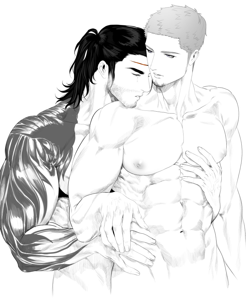 2boys abs absurdres arm_tattoo bara beard_stubble completely_nude cor_leonis couple cropped_torso eriurias73 facial_hair feeling_muscles final_fantasy foreplay gladiolus_amicitia greyscale head_on_another's_shoulder heads_together highres large_pectorals male_focus mature_male medium_hair medium_sideburns monochrome multiple_boys muscular muscular_male navel nipples nude pectorals scar scar_on_face scar_on_forehead short_hair standing stomach stubble tattoo thick_eyebrows yaoi