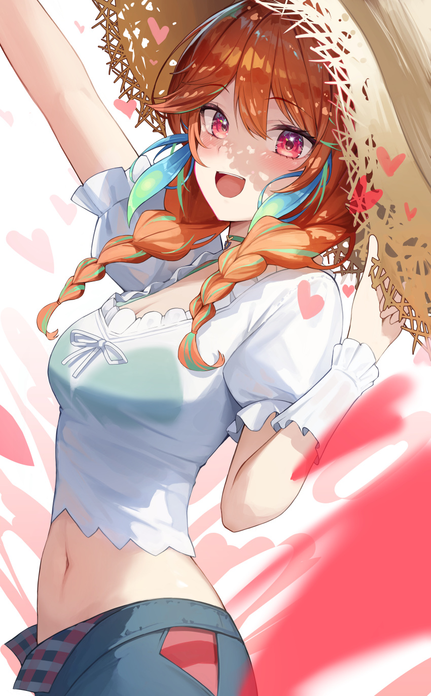 1girl absurdres braid clrawing hat heart highres hololive hololive_english long_hair looking_at_viewer midriff navel official_alternate_costume open_mouth orange_hair purple_eyes smile straw_hat takanashi_kiara takanashi_kiara_(casual) twin_braids virtual_youtuber