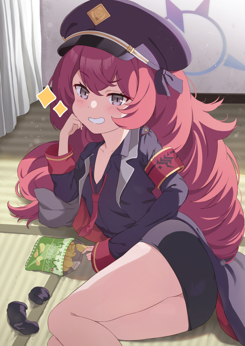 1girl bag_of_chips black_coat black_headwear black_shirt black_skirt blue_archive blush coat collared_shirt feet_out_of_frame grey_eyes grin hair_between_eyes halo hat highres indoors iroha_(blue_archive) itaba_atsushi long_hair long_sleeves looking_at_viewer necktie open_clothes open_coat peaked_cap purple_halo red_hair red_necktie shirt skirt smile solo tatami
