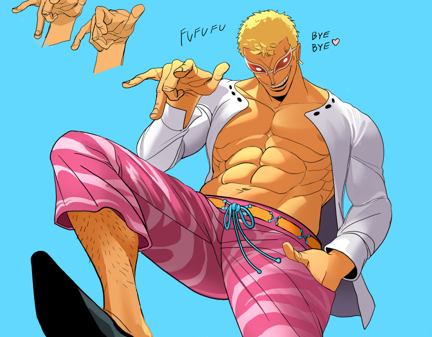 1boy abs absurdres arm_up blonde_hair capri_pants donquixote_doflamingo earrings english_text from_below grin hand_in_pocket heart highres inkiedraws jewelry leg_hair looking_at_viewer male_focus muscular muscular_male navel one_piece open_clothes pants pectorals shirt short_hair smile sunglasses teeth upper_teeth_only white_shirt