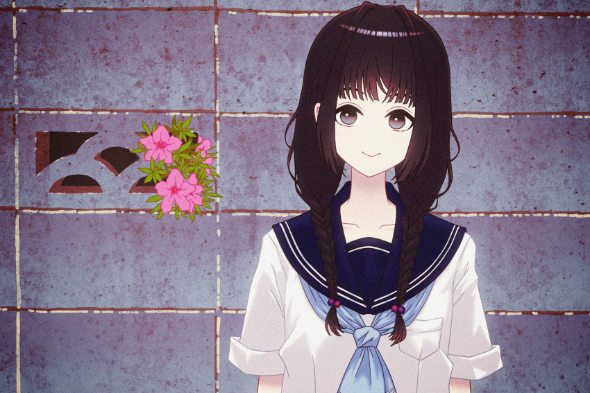 1girl against_wall amemori_sayo arms_at_sides black_eyes blue_neckerchief blue_sailor_collar braid breast_pocket brick_wall brown_hair closed_mouth flower hair_over_shoulder highres long_bangs long_hair looking_at_viewer low_twin_braids neckerchief nijisanji nkymyura pink_flower pocket sailor_collar shirt short_sleeves sidelocks smile solo straight-on twin_braids upper_body white_shirt