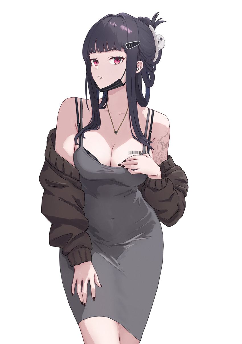 1girl barcode barcode_tattoo black_bra black_hair black_jacket black_mask black_nails blunt_bangs bra bra_slip breasts cleavage commentary covered_navel cowboy_shot d_(killer_wife)_(nikke) d_(nikke) dress goddess_of_victory:_nikke grey_background grey_dress hair_intakes hand_on_own_chest hand_up herfstijl highres jacket jewelry large_breasts long_hair looking_at_viewer mask mask_around_neck mouth_mask necklace off_shoulder parted_lips red_eyes simple_background solo tattoo underwear