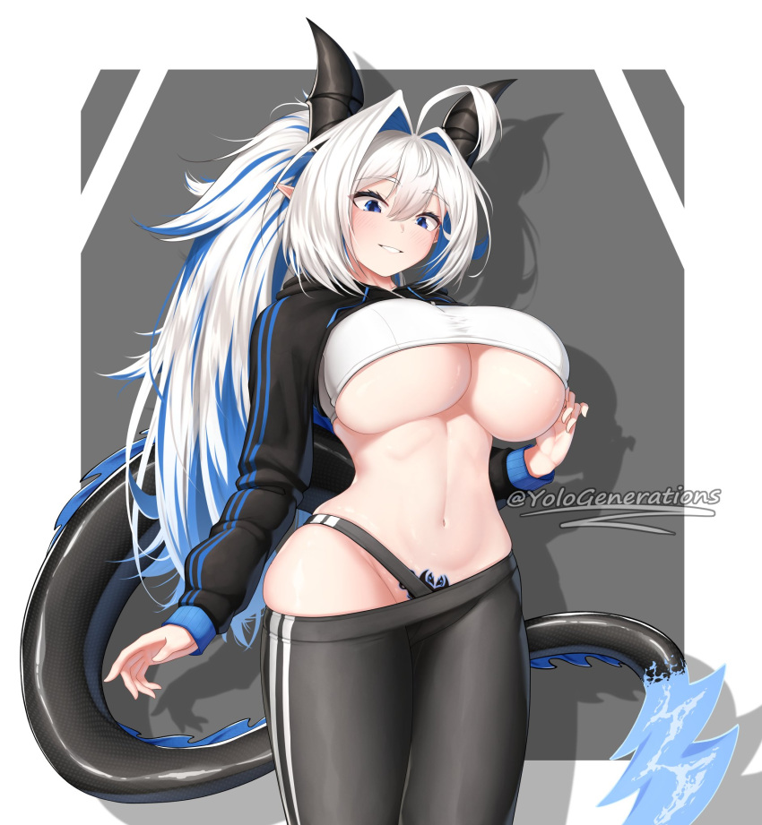 belly breasts dragon_girl highres hood hoodie horns huge_breasts pants pubic_tattoo tattoo thick_thighs thighs underboob white_hair yoga_pants yolo_generations