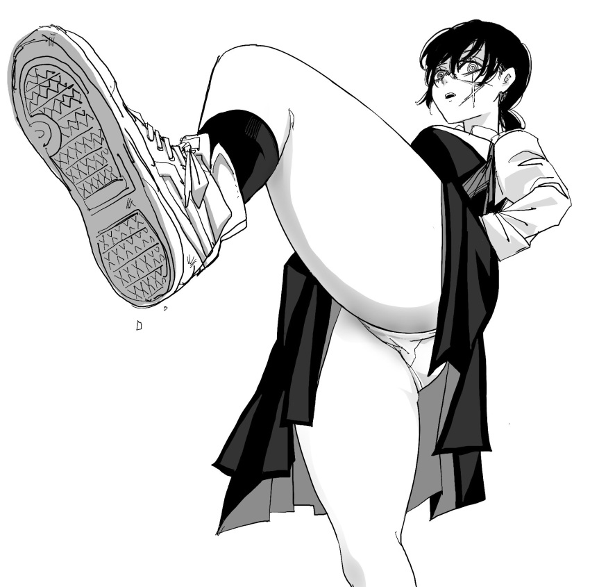 black_hair black_socks chainsaw_man cross_scar highres nkmrn2k panties pantyshot ringed_eyes scar scar_on_cheek scar_on_face scar_on_nose school_uniform socks underwear white_footwear white_panties yoru_(chainsaw_man)