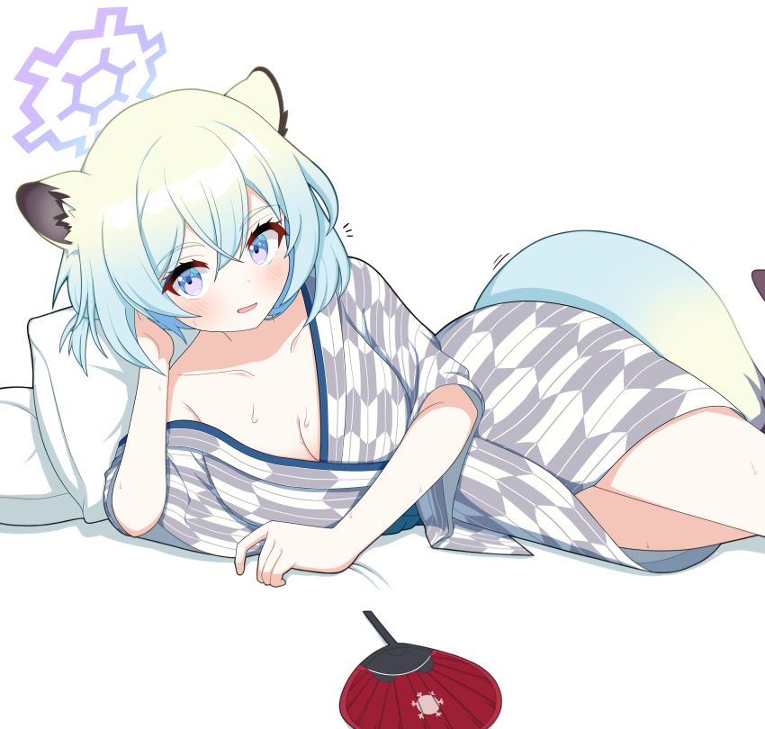 1girl absurdres animal_ears blue_archive breasts cleavage collarbone commentary_request green_hair hair_between_eyes halo highres japanese_clothes kimono korean_commentary looking_at_viewer lying medium_breasts official_alternate_costume on_side purple_eyes purple_halo shigure_(blue_archive) shigure_(hot_spring)_(blue_archive) short_hair simple_background sprout_(haji_s) sweat tail weasel_ears weasel_girl weasel_tail white_background white_kimono